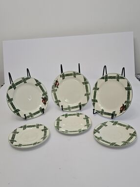 The Cades Cove Set Of 6 Citation Salad Plates & Saucers Stoneware Apple Plaid